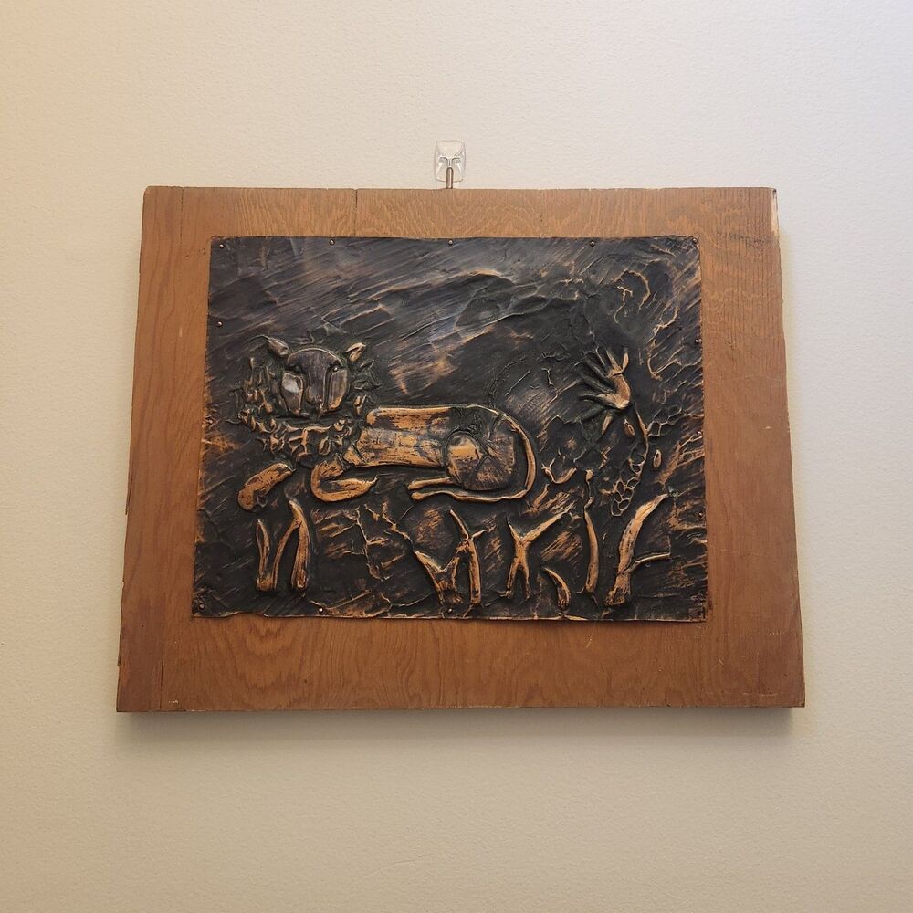 16×12" Original Vtg Copper Metal Embossed Primitive Lion African Safari Wall Art